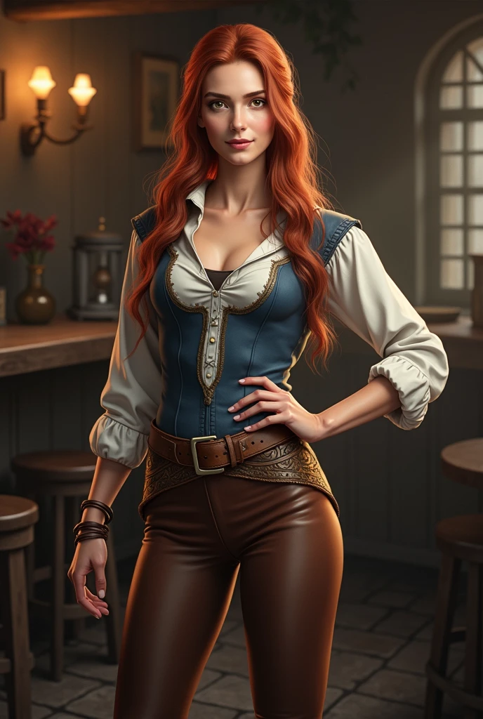 award winning full body photo of ((a steampunk pirate)) in a wild west saloon,(red hair),((smiling)),((hour glass figure)),((cleavage)), (huge breasts), ((corset with engrave in)), long coat,(time traveler weapon), ((steampunk weapon)), ((steampunk jewels)),(( accentuated booty)), western bar with many (gears) and (clocks), detailed intricate iris, (((detailed facial features))), (very detailed skin:1.2), (game concept:1.3), (depth of field:1.3), global illumination, backlighting, bloom, ((warm light)), sharp focus, photo realistic, detailed skin, background out of focus, cinematic composition , ultra-detailed, realistic , hyper-realistic , volumetric lighting, 8k, cinematic composition, trending on artstation, playboy style