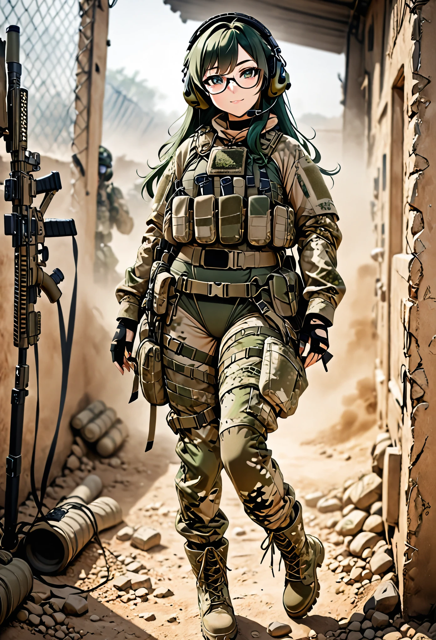 8K Ultra High-Quality, ultra-detailed, High quality, Dark Green hair, Long hair, Headset, Goggles, fox girl, ATACS Arid Camouflage Tactical clothes, Military clothes, Ranger Green leotard under clothes, heels army boots, body harness, Looking at viewer, choker, glasses, full body