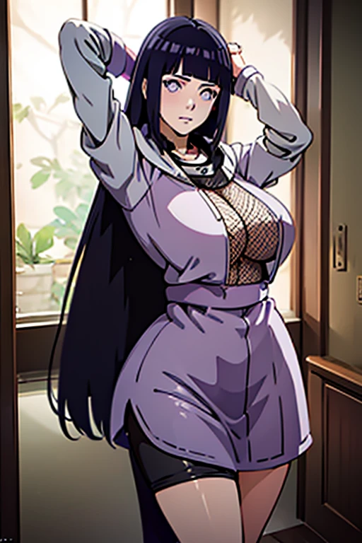 a very realist close up of a young woman posing leaning against the wall, Hinata Hyuuga from naruto, Hinata Hyuuga, seductive portrait, with very light white eyes almost purple, long straight blue-black hair with straight bangs almost at eye level, light gray and light purple hoodie, FishNet shirt, leaf village ninja bandana tied around her neck, minimal accessories, standing pose, arm raised behind her head, large round breasts, black background with soft neon indoor lighting, serene atmosphere, [low angle, sharp focus on the subject, well balanced exposure.