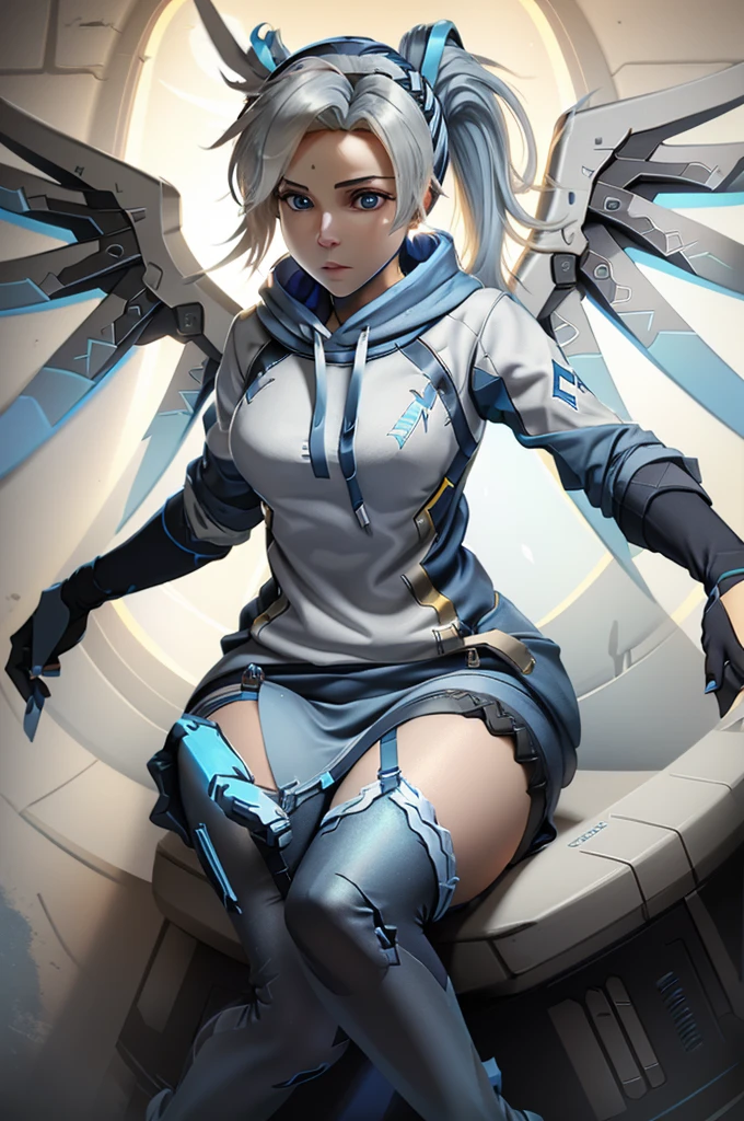 Mercy (/overwatch/), pony tail, (((electric blue
 sweatshirt))), Mercy wings, glowing eyes, nimb, (((blue-white stocking)))