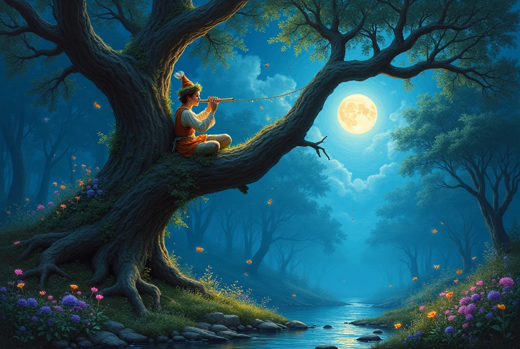 In the serene night scene, Shri Krishna sits gracefully beneath a majestic, sprawling tree. The tree's branches are adorned with twinkling lights, resembling sparkling stars, which create a magical atmosphere. Above, the night sky is filled with bright, shining stars that cast a gentle glow. Krishna, with his divine charm, plays his flute, creating a tranquil and melodious ambiance. The entire setting exudes peace and celestial beauty, capturing the essence of divine presence.