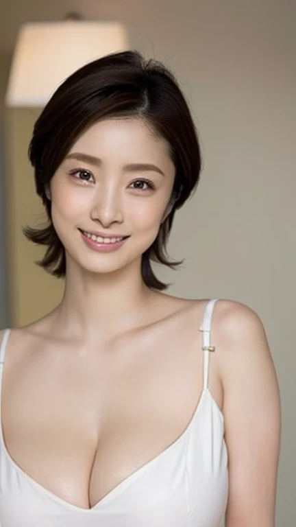 (Best Quality:1.4), (Aya Ueto), (whole body写真:1.4),smile、Beautiful mature woman,Japanese,Camel Toe:1.21, (Realistic:1.5), (masterpiece:1.2), (Improved quality:1.4), finely, Beautiful Face,(とてもBeautiful Faceのディテール), (Best Quality Realistic skin texture:1.4), Symmetrical eyes, First Person View, (masterpiece:1.3), High resolution, Very detailed, Beautifully detailed face, Pale skin,Short Hair, Straight Hair, Detailed hair texture, Light and shadow are clear, Professional Cinema Lighting, Highly detailed face そして skin texture, Natural neck length, (Beautiful Hそしてs), (Fair skin:1.2)、Big Breasts、Saggy breasts, 垂れ下がったLarge Breasts、 Heavy chest, charm, Written boundary depth, (Big Breasts:1.4),　細いNipples, topless, Browsing Caution,Large Breasts,Nipples, Cleavageを強調する,Large Breasts,(Saggy breasts:1.8)、(Cleavage:1.3),(Focus on the chest:1.3)、(topless:1.2)、Curvy body type, Accurate手足, Perfect body, Accurate, Anatomically correct, (Wide Hips), (Perfect Anatomy:1.2),Pussy,Big Hips,Huge buttocks,whole body,pubic hair,black々としたpubic hair ,(excessive pubic hair),Plump body,Long legs:1.5, Sexy thighs, Sexy ankles，High waist,null, Standing on the floor, indoor