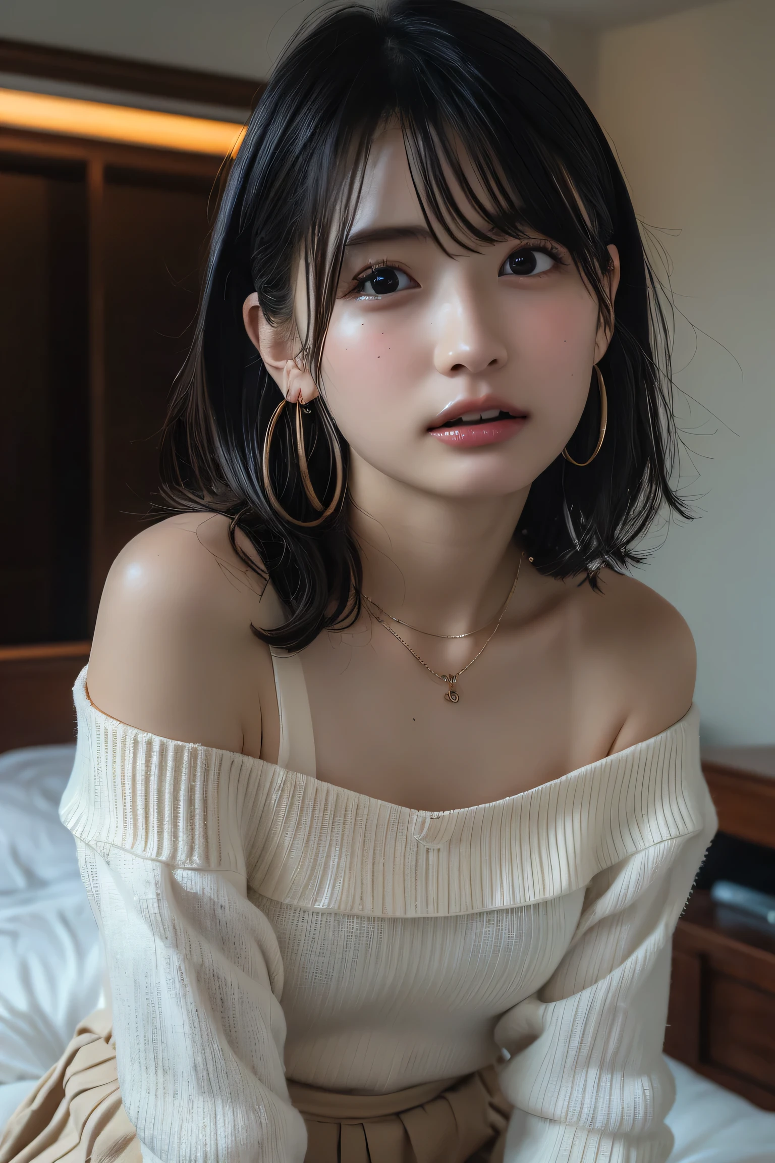 A close up of a woman sitting on a bed with a white sweater - SeaArt AI