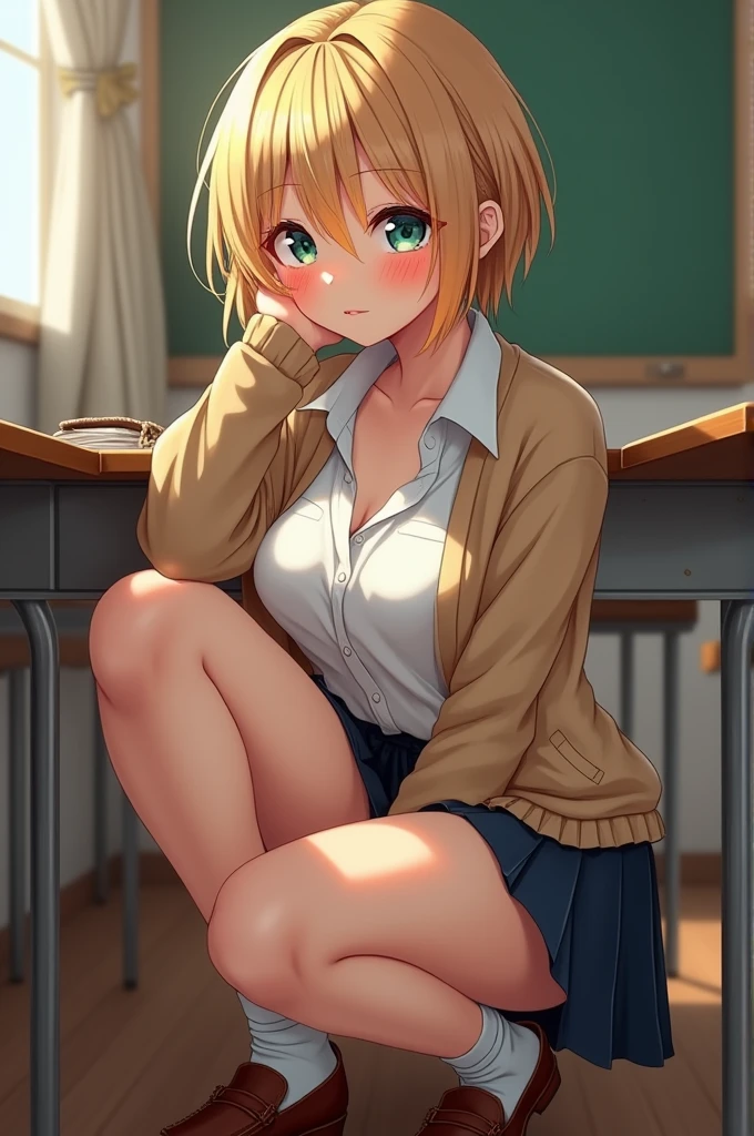 (masterpiece:1.2), best quality, high resolution, unity 8k wallpaper, (illustration:0.8), (beautiful detailed eyes:1.6), extremely detailed face, perfect lighting, extremely detailed CG, (kinomoto sakura, green eyes, pleated skirt, shirt, indoors, tomoeda elementary, two side up, smile, shy, short stature, small breast, solo,), sitting, spread legs, no bra, show off nipple, nipple, very torn clothes, open-breast clothes, very short skirt, lift skirt, pink striped pattern panties, vagina, gleaming skin, moist skin, embarrassed, open mouth, noon, in the library, low angle, looking at viewer, troubled face,