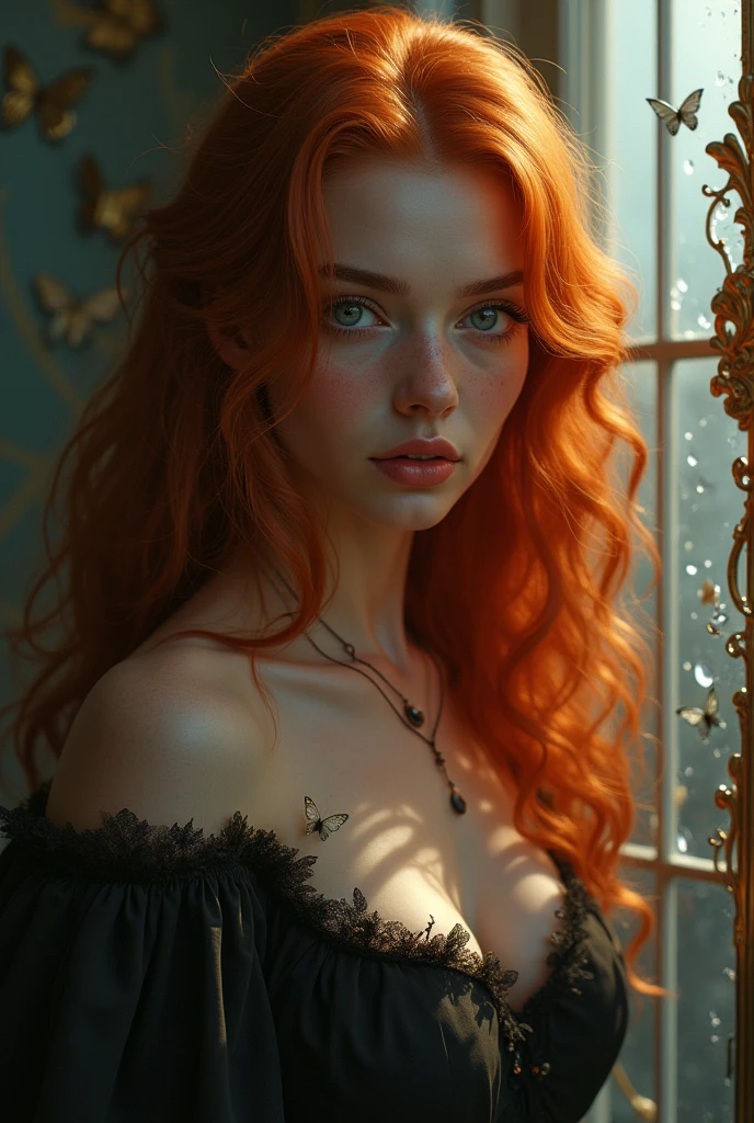 (solo, full body photo:1.3), (action packed:1.3), (haze, fog, mist:1.3), chiaroscuro, best quality, photorealistic, 1woman, (cute), (24yo:1.2), redhead, long ginger hair highly detailed, 1700'S, digital photography, art by artgerm and ruan jia and greg rutkowski surreal painting gold butterfly filigree, broken glass, (masterpiece, sidelighting, finely detailed Fashionable eyes: 1.2) (perfect oval large eyes that gazes at the viewer), beautiful detailed face, blue gorgeous perfect eyes, (blonde hair ponytail), (attractive young woman:1.3), (thick amazing hair), (seductive:1.1), (blushing:1.1)