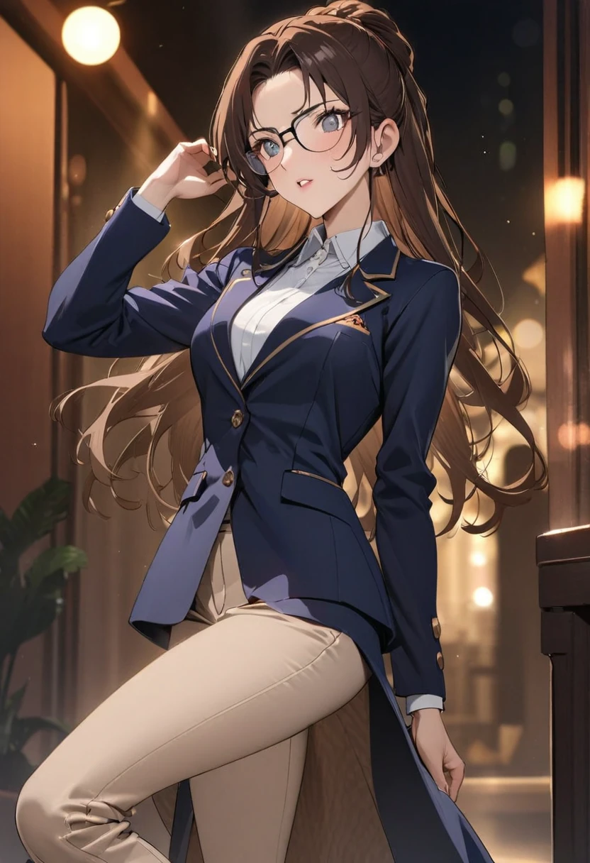 masterpiece, highest quality, kirasaka sayaka, ponytail, hair ribbon, (masterpiece,highest quality, become familiar with)), ultra-become familiar with, become familiar with hair, deep shadow, hard rim lighting,((dramatic lighting)),sharp focus, cowboy shot, (1 girl:1.2), alone,( long hair:1.3), (floating hair:1.2), green eyes, (big breasts:0.6)(enchanting smile:1.1),medium breasts,(ハイponytail:1.1), Are standing, (looking at the viewer:1.2),happy smile, smile, open your mouth,OL, red glasses, end, black suit jacket, collared jacket, white dress shirt, collared shirt, neckline, button, strap, ID card on neck, black pencil skirt, black pantyhose,stiletto heels,In town,building street,looking at the viewer,Examination room,sitting cross-legged on a chair,(masterpiece:1.2), highest quality, High resolution, unity 8k wallpaper, (shape:0.8), (beautiful and detailed eyes:1.6), highly detailed face, perfect lighting, Very detailed CG, (perfect hands, perfect anatomy),