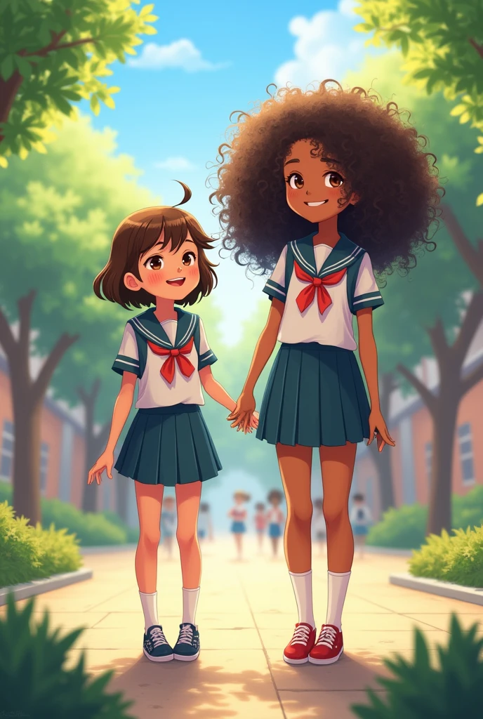 Two African girls on school uniform walking to school happily realistic paint 