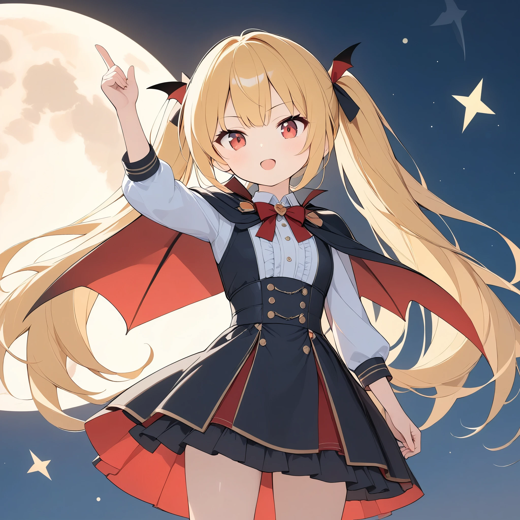 Digital Art、(Amazingly absurd),(Representative works:1.2),超High resolution,Attention to detail,high quality,High resolution,最high quality,4K,8k,Young Vampire,girl,Bat wings on the back,Red eyes,Yellow Hair,Twin tails,Make a roaring pose,Finger gap,Wear a high-collared cape,Pitch black cloak,night,Big full moon、Bathed in the moonlight、Shining Edges、Sulky face