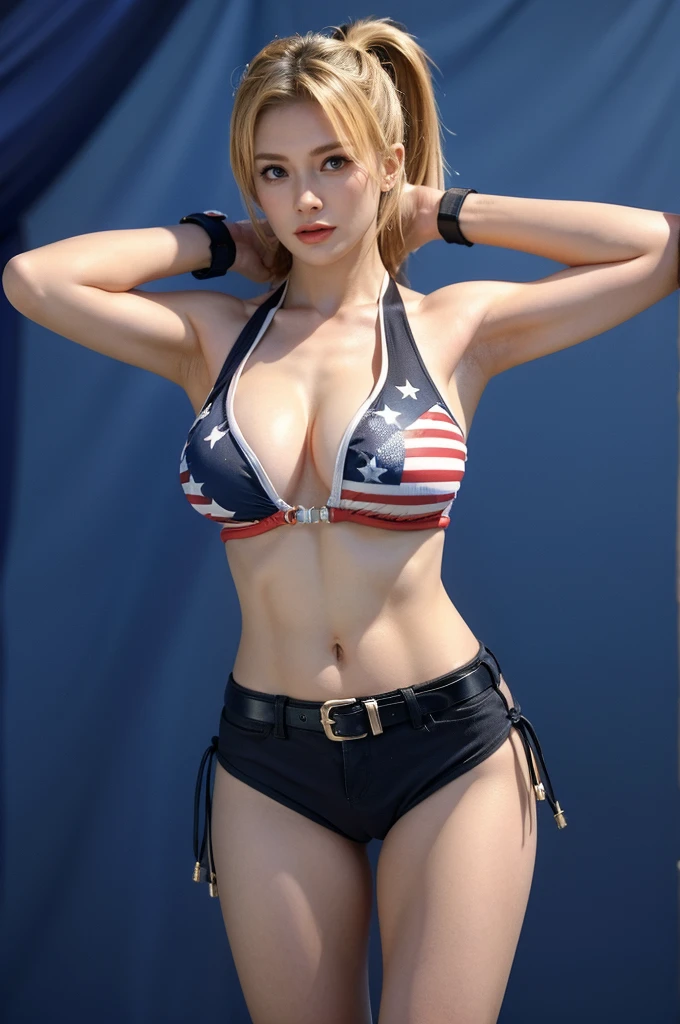 DOATina, a stunning rendition of Tina Armstrong from the Dead or Alive franchise, exuding confidence and patriotic flair. She is dressed in a revealing American flag bikini top that perfectly accentuates her voluptuous cleavage through a strategically placed cutout. The bikini's red and white stripes draw the eye to her midriff, which is barely concealed, showcasing her toned abs and the star-spangled blue background of the swimsuit. Her lower half is covered in a pair of skin-tight black jean shorts, hugging her curvaceous hips and highlighting her long, athletic legs that lead down to a pair of sleek black boots, which are unzipped and slightly parted, revealing the perfect amount of thigh. On her arms, she wears a matching set of red and white striped gloves that reach her biceps, adding a playful touch to her attire. A wide black belt with a large silver buckle encircles her waist, cinching in her figure and emphasizing her hourglass silhouette. Above the belt, a red top with a deep neckline showcases her ample assets, while leaving her midriff tantalizingly exposed. Around her wrist is a patriotic wristband, designed to activate the custom training mode in the game. Tina's blonde hair is swept back in a high ponytail, allowing her players to fully appreciate her beauty and the iconic tattoo on her left arm. She stands with one hand on her hip and the other resting on the buckle of her belt, striking a pose that is both sexy and powerful. Her piercing blue eyes lock onto the viewer, daring them to challenge her in the virtual world of the Dead or Alive arena. The vivid colors of her outfit pop against the neutral background, making her the unmistakable center of attention in this electrifying image that captures the essence of Tina's character: a fierce competitor who is not to be underestimated.