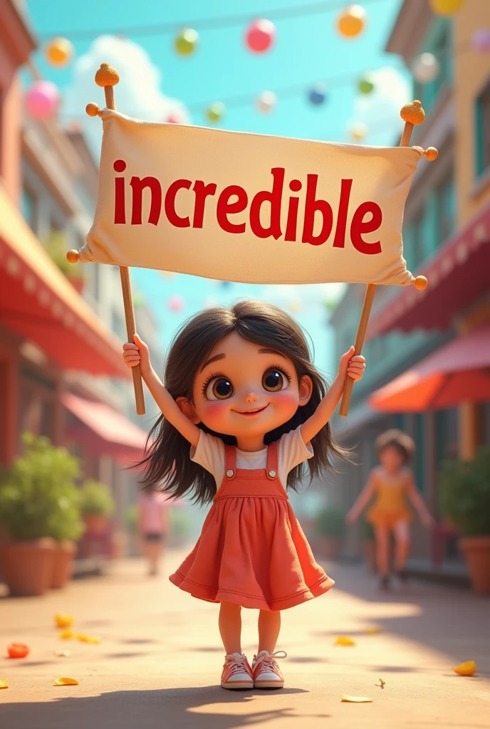 Create a movie poster inspired by Disney and Pixar. The main focus is、has brown hair and big green eyes、have a bright smile、A sweet 8 year old girl dressed in very girly clothes。. The scene should be far away Pixar's digital art style. Include the movie on the poster printed on the front. titles「Quinn」