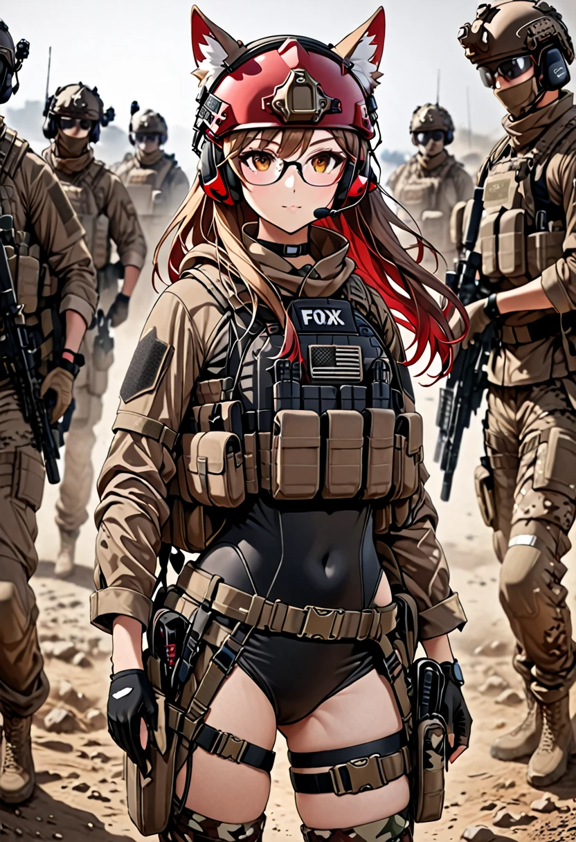 8K Ultra High-Quality, ultra-detailed, High quality, Dark Blonde hair, Long hair, Headset, Goggles, Red Tactical Helmet visor up, Fox girl, Red Tactical clothes, Military clothes, Black leotard under clothes, Red CIRAS Body Armor, Looking at viewer, choker, glasses, full body