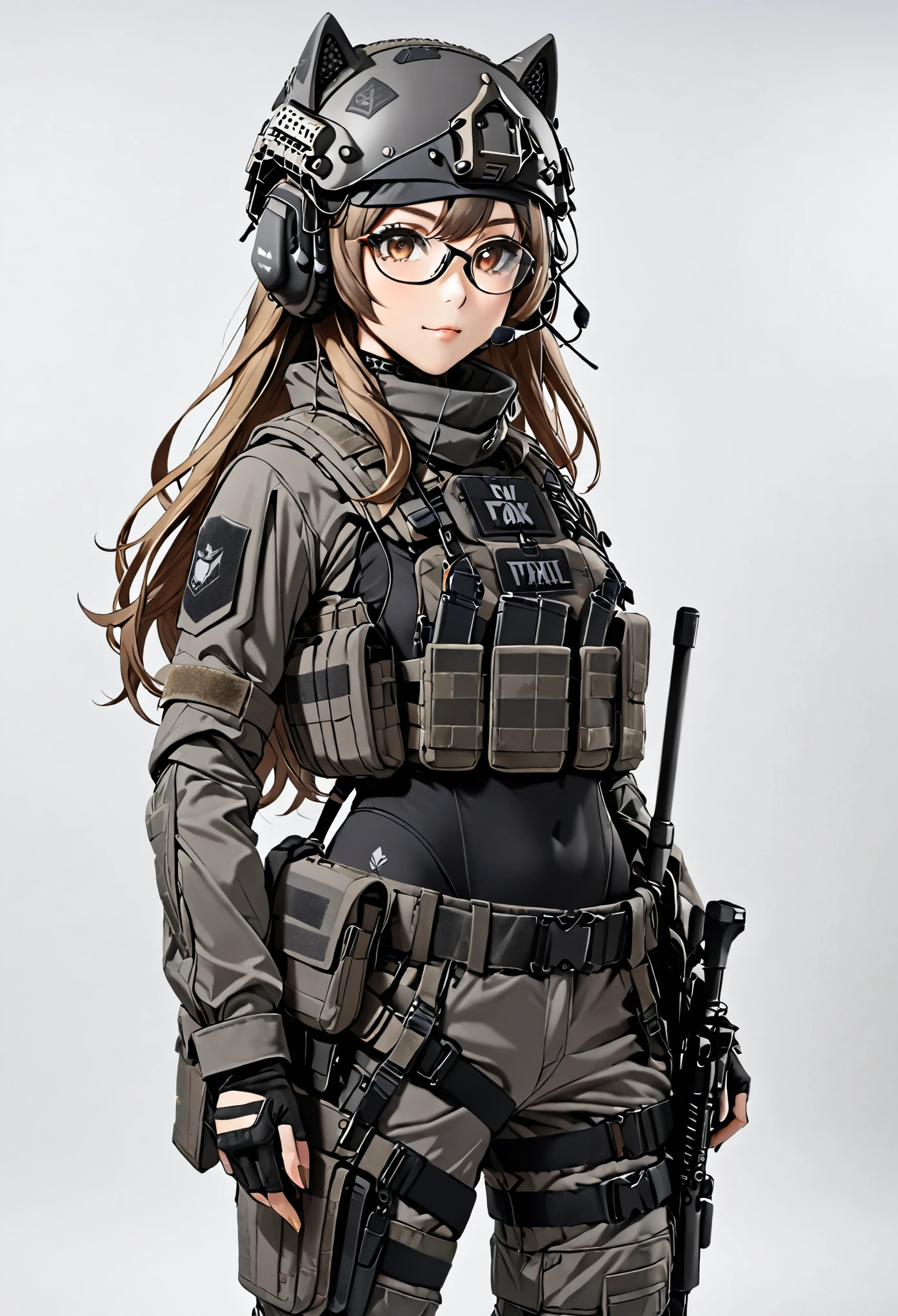 8K Ultra High-Quality, ultra-detailed, High quality, Dark Blonde hair, Long hair, Headset, Goggles, Grey Tactical Helmet visor up, Fox girl, Grey Tactical clothes, Military clothes, Black leotard under clothes, Grey CIRAS Body Armor, Looking at viewer, choker, glasses, full body