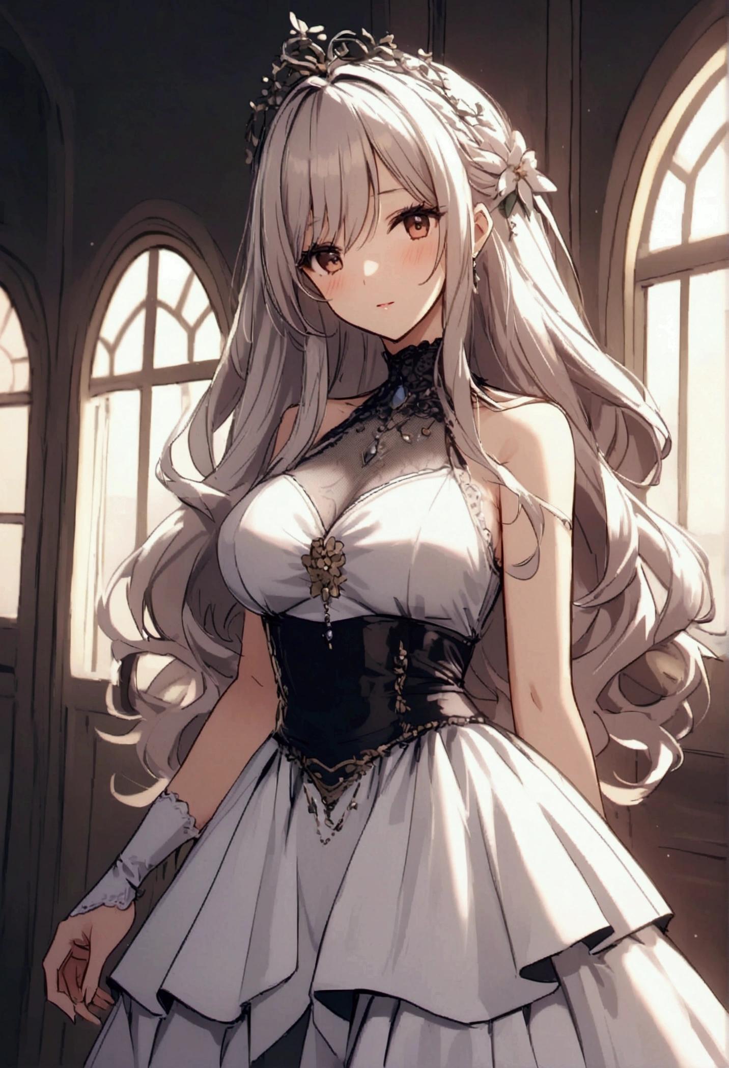 nafw,(2 girls),(duo),breast,absurdres,best quality,very aesthetic,absurdres,bra,(light silver White hair),太もも,(purple),(straight-on),(long hair),(gown),(bare breasts),(huge),(v-neck)