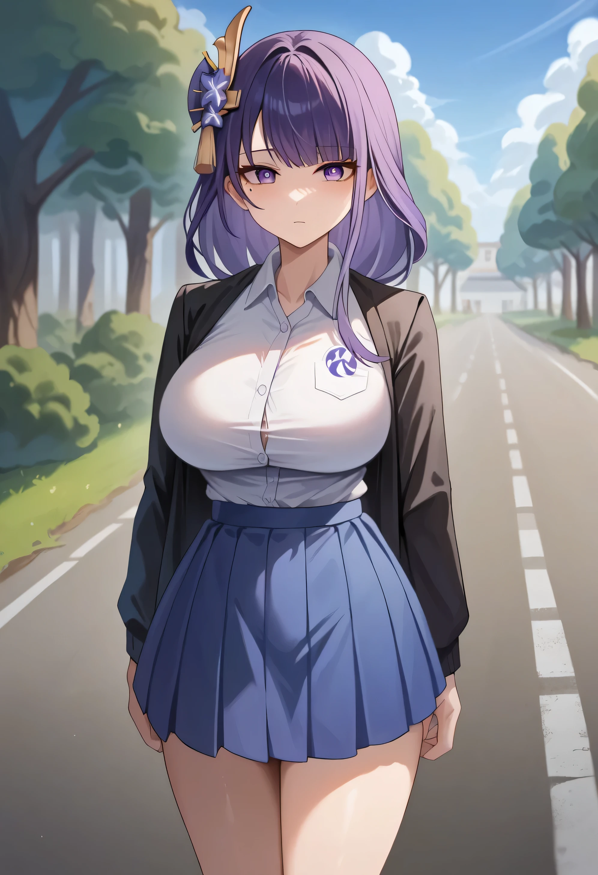 todoshizuko, Purple Hair, ponytail, Hair Ribbon, Long Hair, blue eyes, compensate, 15 years old , Big Breasts, alone, Browsing Caution, Nipples,  ride a bicycle, Topless Blazer Skirt