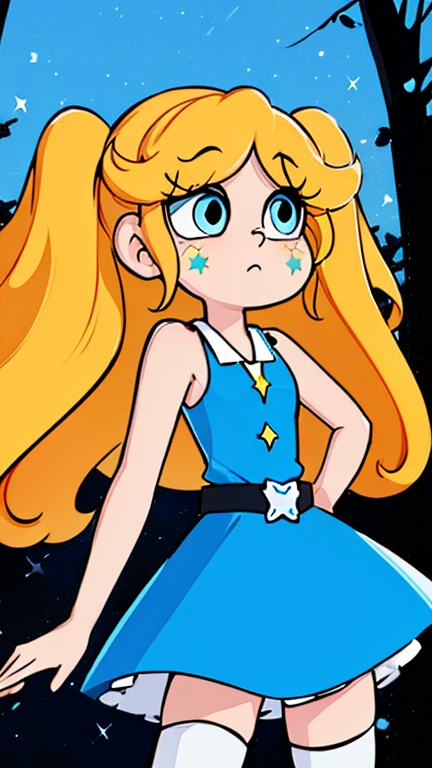 (1girl, solo, (Bubbles:1.0)), (extremely detailed CG unit 8k wallpaper),(master part), (best quality), (ultra detail), (best illustration),(Star vs. the Forces of Evil, art style), cowboy shot, (Sharp eyeliner, ombre, detailed eyes:1), forest, outdoors background, ,break,  (digital art), upper body, (yellow-blonde hair, blue eyes, short twintails, pigtails), (dress, sky-blue sleeveless dress, simple black belt, white thighhighs:1.2)