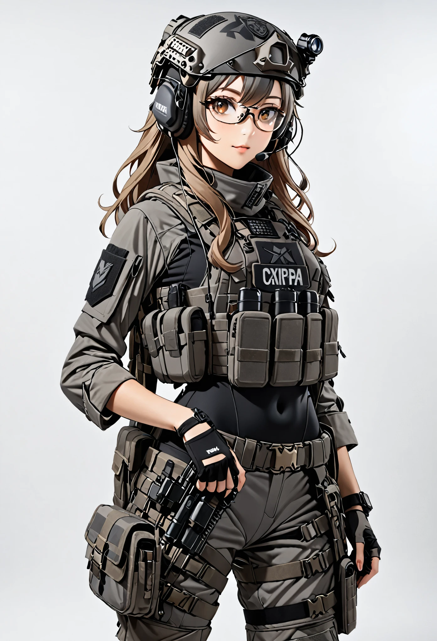 8K Ultra High-Quality, ultra-detailed, High quality, Dark Blonde hair, Long hair, Headset, Goggles, Grey Tactical Helmet visor up, Fox girl, Grey Tactical clothes, Military clothes, Black leotard under clothes, Grey CIRAS Body Armor, Looking at viewer, choker, glasses, full body