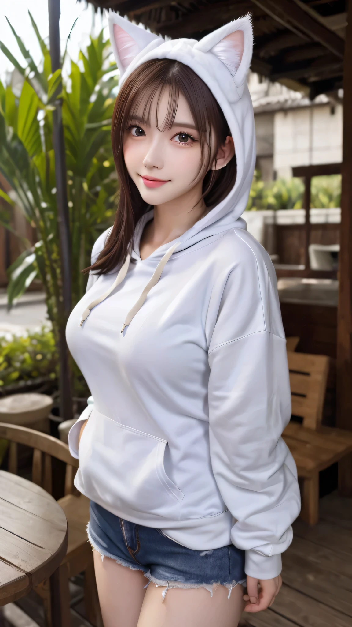 garden、squirt、SLR Camera Photography、cinematic lighting、garden、wearing a skirt under the hoodie、(White hoodie:1.4)、（navy pleated skirt:1.4）、(spreading her legs for the camera:1.5)、（open legs:1.5）、（camera angle from below:1.5）、（Showing off the inside of her skirt to the camera）、（I can see my pants:1.2）、((No makeup、looking at camera:1.2))、(realistic、Photoreal、super detailed、best detailed skins、highest quality、masterpiece、Super high resolution)、cute japanese woman、17 years old、high school girl、young girl、1 girl、have bangs、double eyelid、purity、double teeth、realistic肌タイプ、fluffy hair、red cheeks、（black hair）、bright atmosphere、8K RAW photo、High resolution、(very big round breasts:1.2)、beautiful eyes、detailed eyes、drawn in detail、long eyelashes、美しいdouble eyelid、beautiful and very thin legs、（Beautiful and very thin thighs）,simple necklace、extremely short skirts、Quite embarrassed look、red cheeks、（The morning sun is shining）、short hair、blue sky、smile