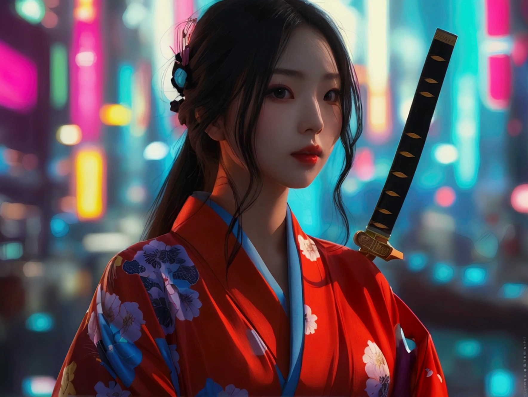 Beautiful woman,kimono,knife,二knife流,Big Breasts,Ultra Wide Black Hair,Super long hair,Skyscraper