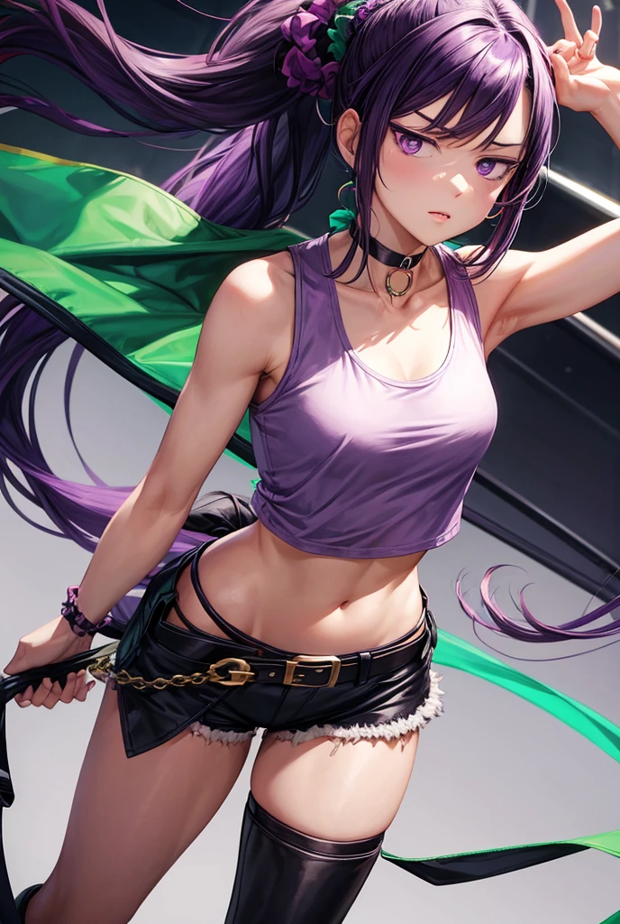 Martina,Purple eyes, Purple Hair, Very long hair, ponytail, Hair Scrunchie, Green choker, O-ring top, Tank top, No sleeve, West Cape, Black shorts, Green Zone, boots,fc portrait