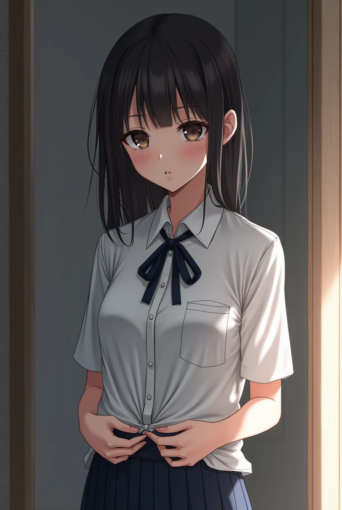 (1 person、solo), Beautiful woman, (High definition beautiful black eyes)、Anatomically perfect body, (Slender)、(White shirt, Pleated skirt), (Pussy juice:1.2), (Look down), (Embrace your chest:1.2)、16 years old、(Highest quality)、Black Hair, (half updo:1.1), bedroom、(8k, High resolution)、(shy:1.2)、Mid-chest, (steam:1.1), (embarrassed:1.2), show off nipples under shirt、(wide shot), (Inner thighs)