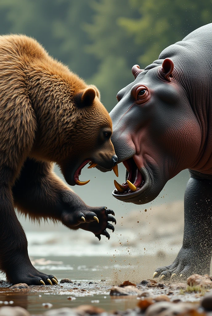 A bear fused with a crocodile, in a frozen swamp, fighting a lion fused with a rhinoceros