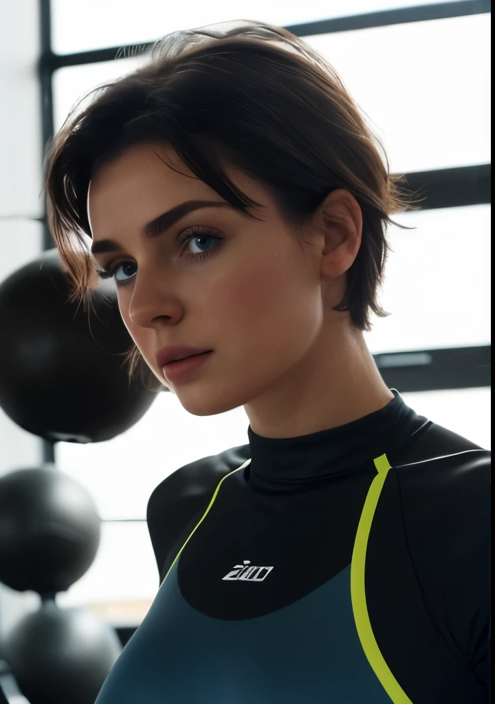 White young woman , tomboy Punk, 18 years old, military haircut, black hair, blue eyes fixed, intense gaze, affiliated features, no facial hair, height 1.83, weight 88 kg , aesthetic muscular build, broad shoulders, V-shaped body, full body focus, completely hairless,