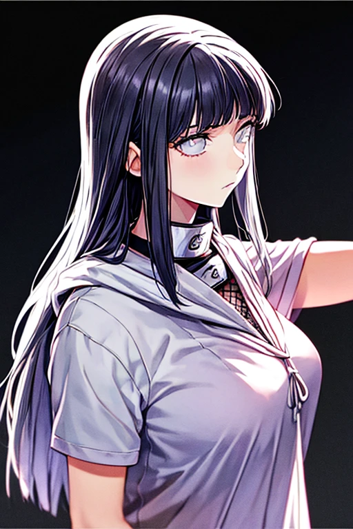 a very realist close up of a young woman posing leaning against the wall, Hinata Hyuuga from naruto, Hinata Hyuuga, seductive portrait, with very light white eyes almost purple, long straight blue-black hair with straight bangs almost at eye level, light gray and light purple hoodie, FishNet shirt, leaf village ninja bandana tied around her neck, minimal accessories, standing pose, arm raised behind her head, large round breasts, black background with soft neon indoor lighting, serene atmosphere, [low angle, sharp focus on the subject, well balanced exposure.