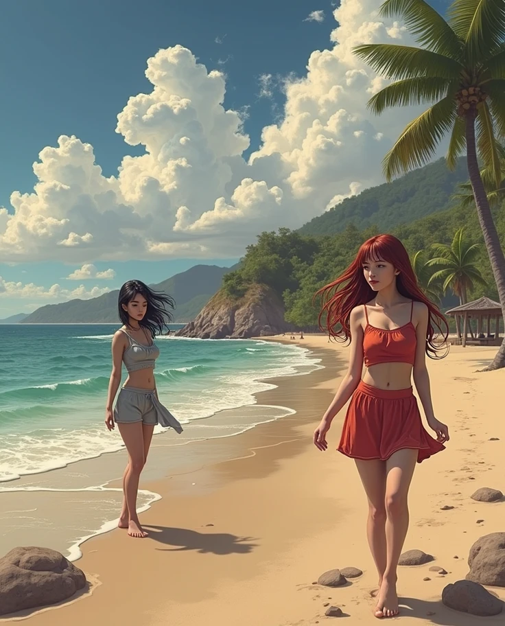 alone in the universe, Paint in watercolor style, Photorealism, discreet golden and ruby and mint shades, two (nudes) gentle, modest thin girls of 16 years old with tender nipples walk barefoot in the distance along the coast