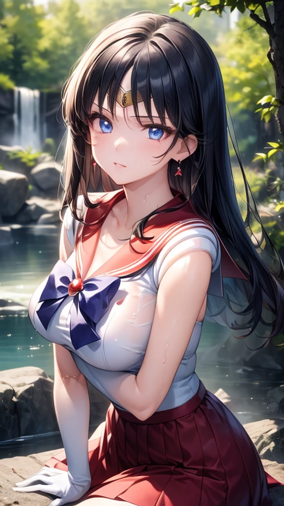 (masterpiece:1.2), best quality, High resolution, unity 8k wallpaper, (illustration:0.8), (beautiful detailed face:1.2, beautiful detailed eyes:1.2), Perfect lighting, extremely detailed CG, (perfect hands, perfect anatomy), 

cute, beautiful, charming lady, shiny hair, Glossy skin, 
Mature Woman, married woman, soft With a gentle appearance and a gentle mother-like atmosphere,


mars_a, tiara, jewelry, earrings, black hair, straight long hair, big breasts, sailor senshi uniform, Red Skirt, red sailor collar, Knee Boots, Red choker, White elbow gloves,

(((Depict the whole body、High resolution, Anatomically correct, Best Quality)))
Get on both knees
(((Outdoor、The Forest、waterfall、Soaked from head to foot、Cheeks slightly red)))、One girl, solo, High resolution, Anatomically correct, 最high quality, masterpiece, 最high quality, Ultra high definition, Very detailed, high quality, 