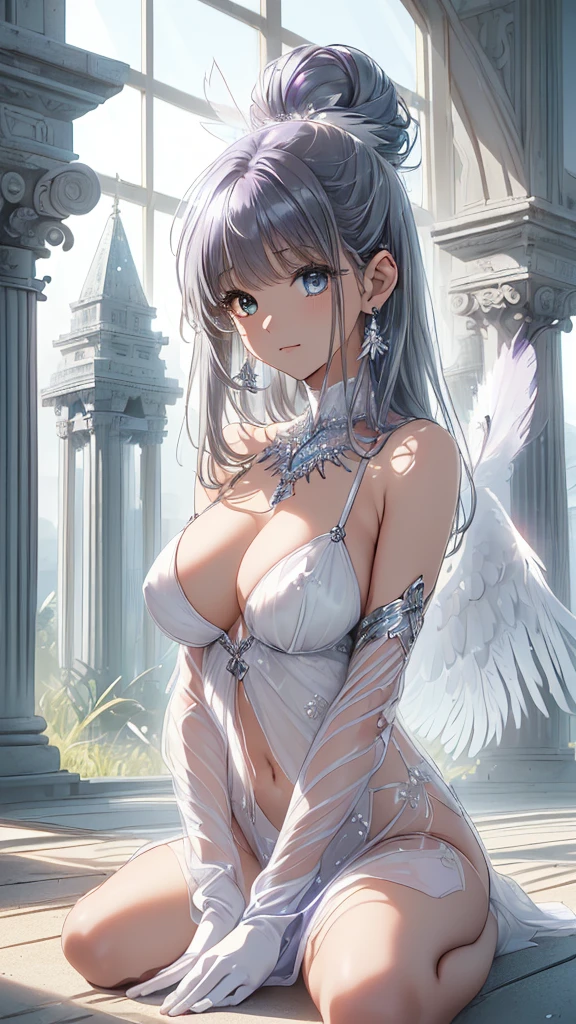 (The background is white bird feathers fluttering:1.9).(The background is a dazzling temple:1.9).(Dazzling pillar of light:1.9).(Angel Halo:1.9).(Holographic transparent angel wings:1.9)、(Top view:1.6).(上eye遣い:1.5).(Place your hands on the ground:2).(On all fours:1.9)(how:1.4).(nsfw:1.3).(Shiny skin:1.8).(Wet Skin:1.3).(Big Breasts:2.2).(Nipples are visible:1.1).Show off your breasts:1.5).beautiful girl,最high quality、Best image quality、masterpiece、girl((1 top model、 By becoming、Best Bust、Tea that opened my heart、shining eye,((Heterochromia iridis, (右eye, blue colored 右eye iris)(左eye, gray purple colored 左eye iris), eye; Red and gray purple)), Silver Metallic Hair、(Shiny, transparent indigo hair color:1.3), Silver and white smooth shiny top model hairstyle, Straight silk buns, Cut in a straight line hair and bangs, Bangs+Cut in a straight line, Long and smooth hair、thin,The highest valley、black 、Metallic pink lingerie、Shoulder Jewelry ,Diamond Earrings、Wristbands、White gloves)),high quality、Beautiful art、flight、Scattering fragments of light、Written boundary depth、movie、Visual Arts、Perfect Art、8k,Genuine、Dynamic Performance