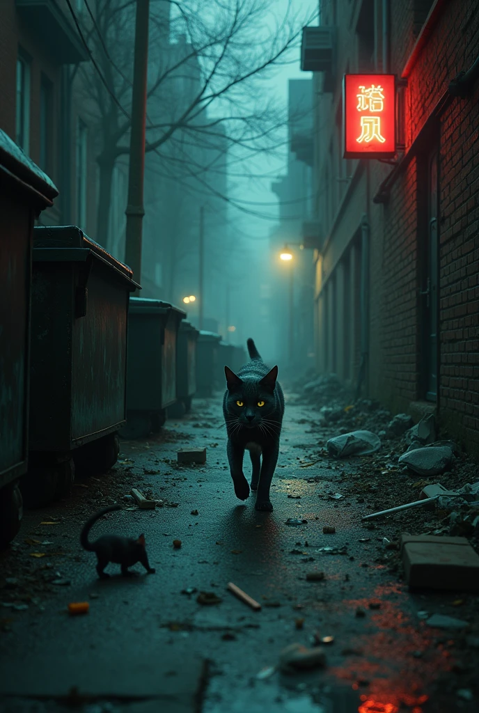 **Adrian Transformed**:
- **Setting**: A dark, rain-soaked alleyway in a city at night.
- **Action**: A cat, curious and intrigued, paws at a glowing ancient amulet. Suddenly, a blinding light engulfs the alley, and the cat is transformed into a man, standing in the middle of the street with a surprised expression. The scene captures the moment of transformation with the cat’s shadow stretching behind the newly-formed human figure.
