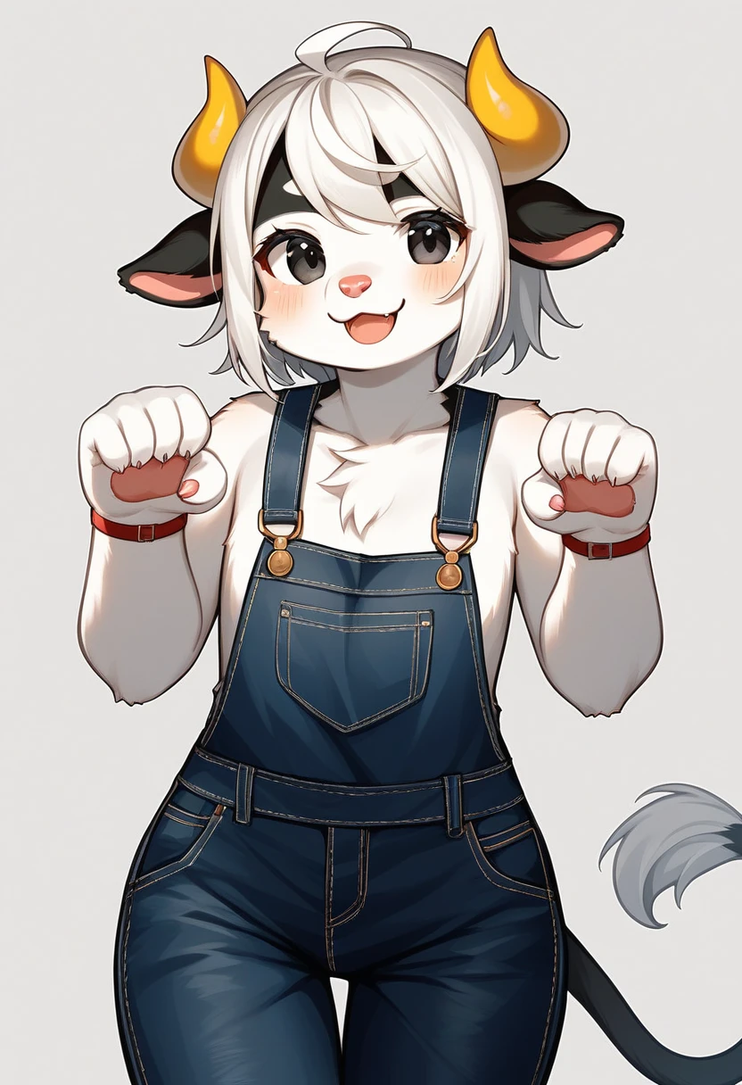  furry cow, pequeno furry(anthro cow), short white hair with black tips, blue colored eyes, god of eyes, detailed artwork, extremely detailed artwork, fluffy white fur, white skin with black spots, extremely high detailed skin, black and white silk gloves, short black shirt with heart, belly sample, furry belly, hair on thighs, black short shorts, detailed thighs, cute thighs, cow&#39;s tail, sitting on legs, black and white silk socks, collar with bell around the neck, groin sample, cute pose, cute smile, detailed groin