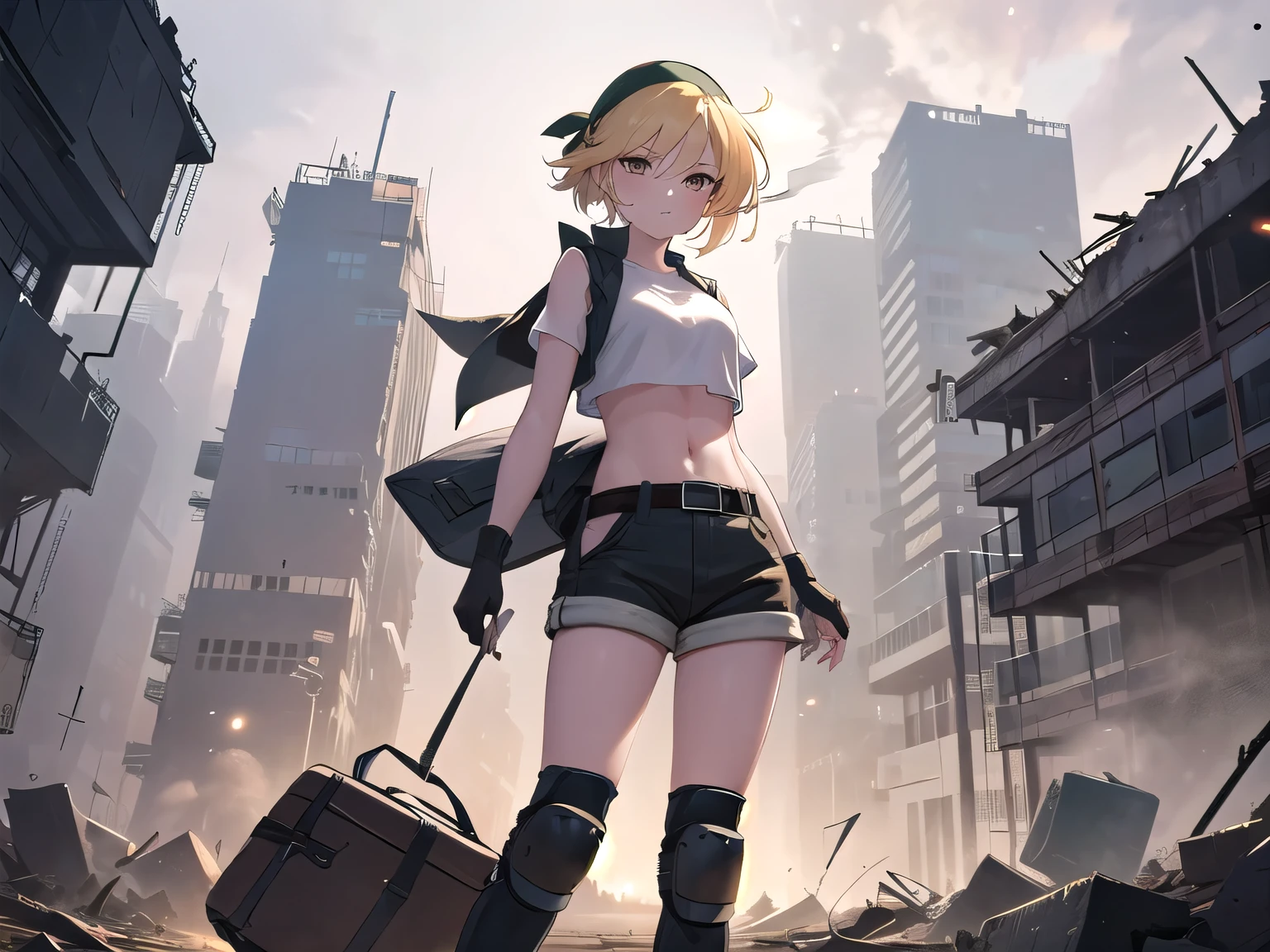 masterpiece,Best Quality,One girl,Mature Woman,Elidef,Brown eyes,colored eyelash,eyelash,Blonde,Best,bandana,Shorts,navel,abdomen,Crop top,belt,short Shorts,Call for help,Knee pads,Serious,underground,rubble,underground鉄,dark,wind,((dust cloud,fog,cigarette,Dark Particles)),