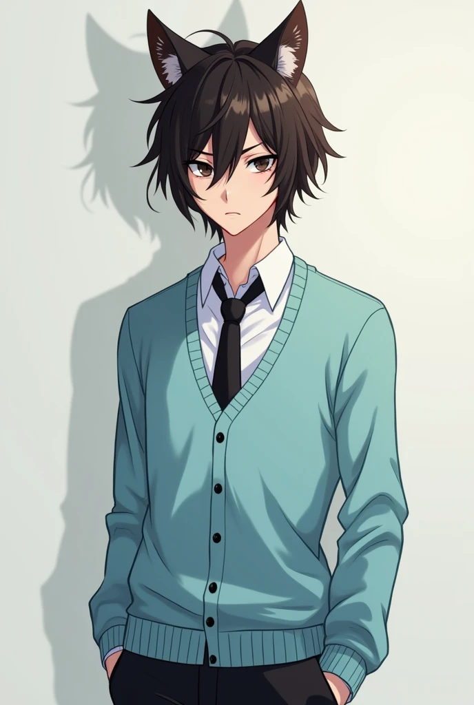 masterpiece, best quality, detailed face, detailed eyes, full body, <lora:HUAaron:0.6>, HUAaron, 1boy, flat chest, sweater, blue eyes, necktie, choker, brown hair, medium hair, standing, pants, annoyed,