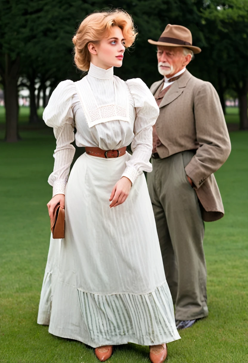 A gorgeous well-endowed yo blonde Gibson Girl bimbo (((fondled by a large horny 69yo gentleman behind ger))) in a park. Year 1902. (((1900_dr3ss))). Short girl with an hourglass figure wearing an elegant white Edwardian outfit consisting of a high-collar long sleeve shirtwaist, long skirt and a wide-brimmed hat, large tits, wasp waist, massive ass. Man wearing a three-piece suit. (((Young girl and old man. Man taller than girl)))