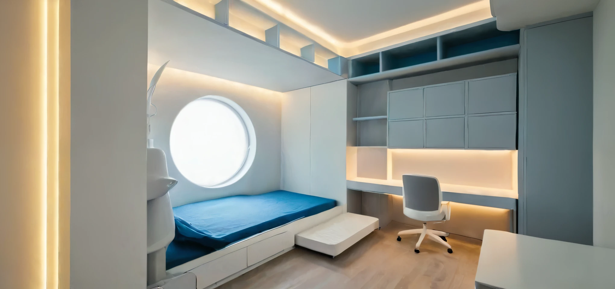 The room is a modern, space-themed bedroom designed for a small area. The walls and furniture are in shades of blue and white, with a minimalistic yet playful feel. The single bed is built with storage drawers underneath and features gray bedding. Above the bed, the ceiling is decorated with LED lights resembling stars, while the wall has a large moon and star decorations to enhance the space theme. A sleek built-in desk is attached to the wall, with a computer sitting on it, alongside a bookshelf illuminated by soft LED lighting. The white sculptural chair at the desk has a unique, artistic design, adding a modern touch. A large window lets in natural light, brightening the room. Soft LED strip lights are installed underneath the bed and along the edges of the furniture, creating a cozy and futuristic atmosphere.