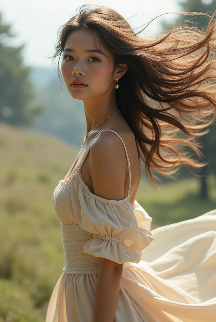 highest quality,masterpiece,ultra high resolution,realistic,RAW photo,unity 8k wallpaper, panorama, cinematic lighting, on the grass, sunset, dappled sunlight, golden hour lighting, Backlight, blurred background, (Lens flare), Wind, pastel colour, soft light, 1 girl,floating long hair, sad,Upper body, big breast