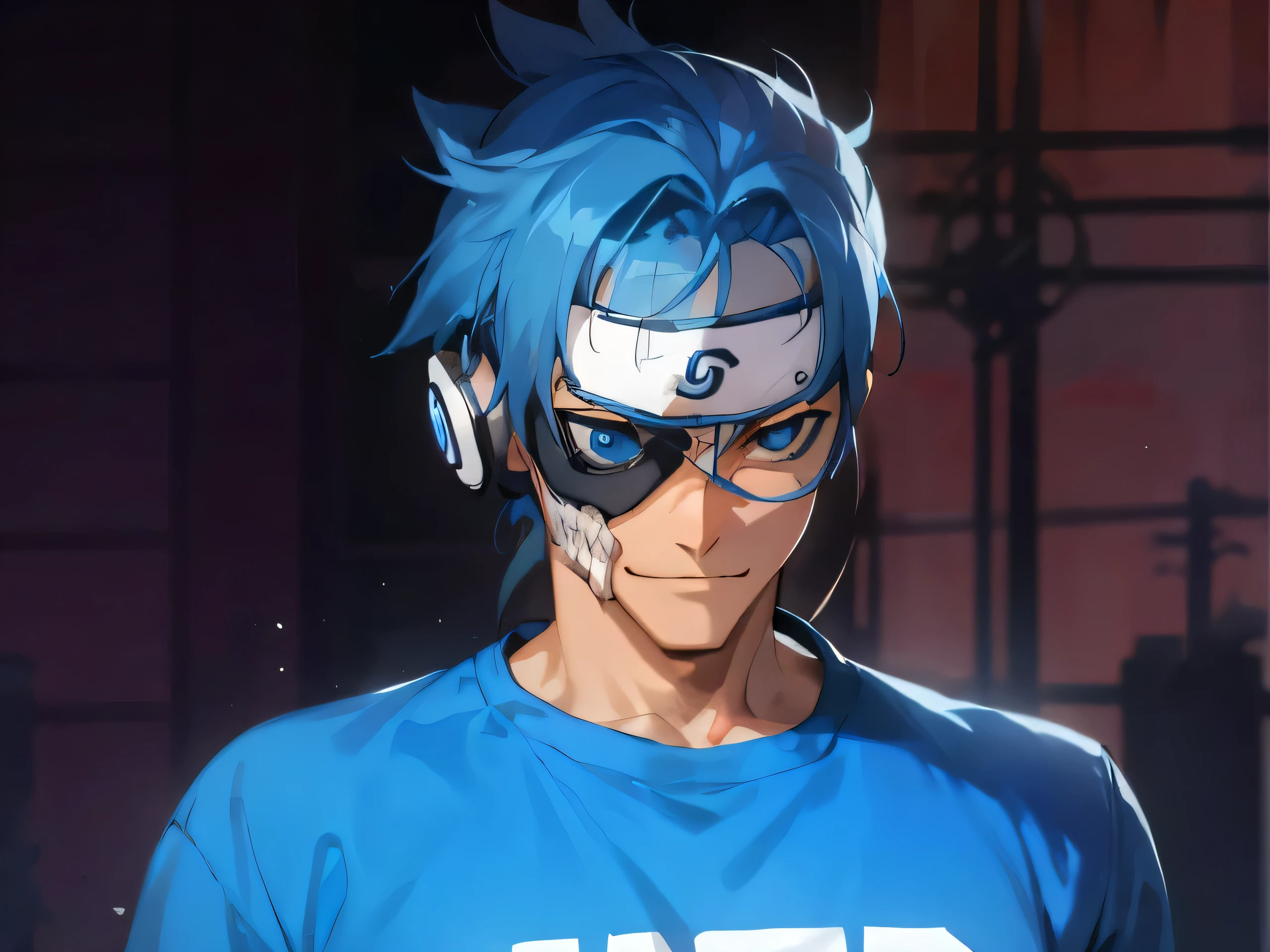 a close up of a person wearing headphones and a blue shirt, 2 d anime style, he wears an eyepatch, trigger anime artstyle, 2 d anime, wearing an eyepatch, character from king of fighters, range murata and artgerm, as a character in tekken, otaku gangasta, male anime character, fighting game character, kakashi hatakeHD, (Best Detail), (Best Quality), Grimjo Jaegyaks, black boots, natural light, blue sky, angry eyes, smile, looking at the audience, full body,