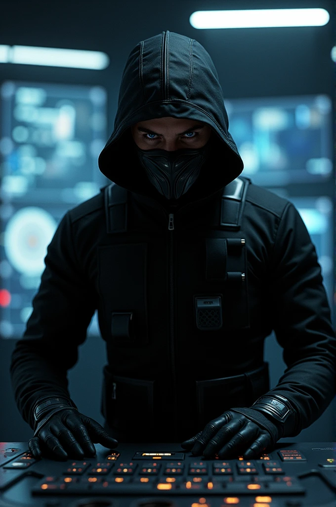 strong hacker man in balaclava