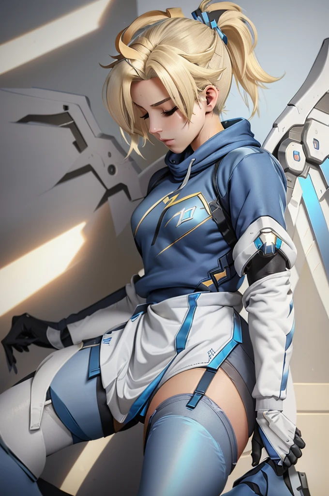 Mercy (/overwatch/), pony tail, (((minimalistic electric blue
 sweatshirt))), Mercy wings, blonde hair, nimb, (((blue-white stocking)))