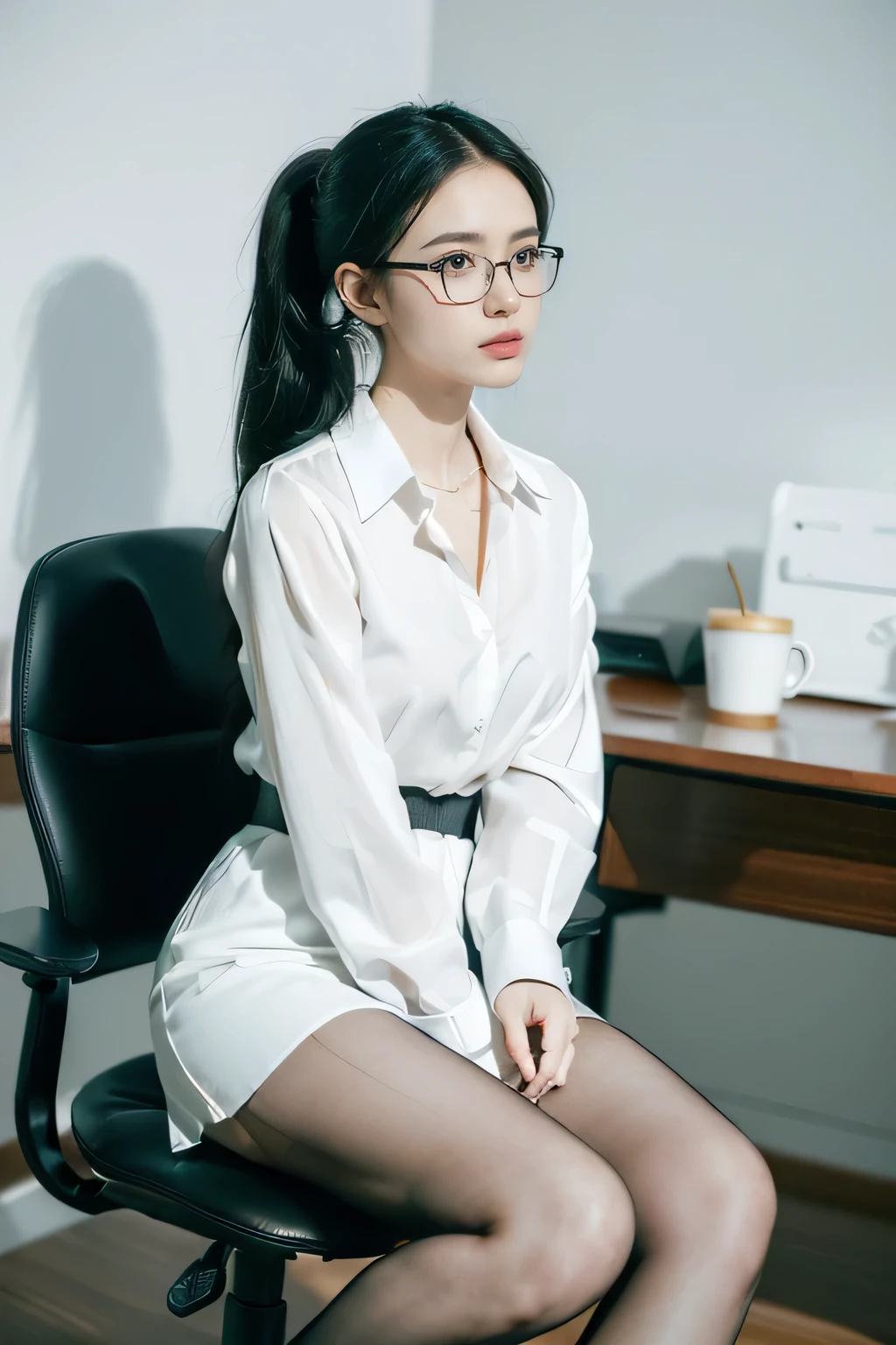 ((((8K))),((Really meticulous CG)) ,(wallpaper),16,000,((Incredibly stylish and beautiful))，(((masterpiece))),(((best quality))),(((초high resolution))),A beautiful light comes on,perfect lightning,Realistic Shading,[high resolution],(Smooth, flawless, fair skin:1.5),(pale skin:1.3),Very exquisite facial details,(perfect body:1.1),very detailed,Beautiful girl,alone,small head,(short ponytail:1.1),(black hair:1.2),small face,exquisite makeup,(glasses:1.2),(:1.1),flat chest,slim,thin,((frown, angry)),(Long sleeve white shirt with collar:1.3),(slim 다리:1.3),(look inside pantyhose:1.3),(spread legs:1.3),(high heel:1.2),(Daytime Scene:1.5),(detailed background:1.5),(sitting on a chair behind a computer desk:1.3),(coffee cup on the table:1.3),(in the office:1.3),(whole body:1.3),(in front:1.3