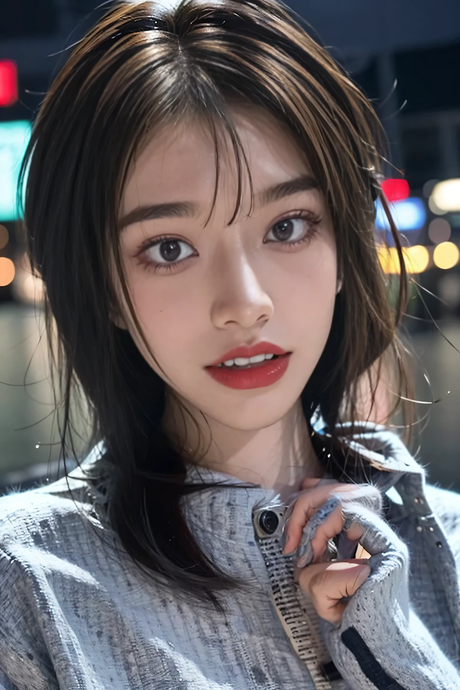 {{{{Straight Bob Hair}}},{1girl:18 yo:Two Eyes Mascara}, Tokyo street,night, cityscape,city lights, {upper body},close-up, {{8k, {RAW photo}, {best quality}, {masterpiece},{realistic}, {photo-realistic}},