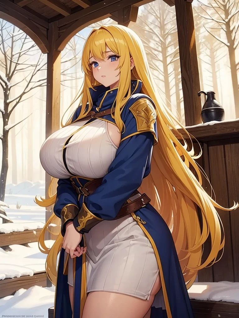 anime illustrated、Fantasia、plump female knight、Platinum blonde loose perm、blue cloak、leather grove、Castle ruins in a valley with a large waterfall、Ethnic patterns、1 persons、Anime filling、Intricate embroidery、fullnude、Close-up of people、Colossal tits、thighs thighs thighs thighs、Archaic Smile、Expose nipple、exposing their genitals