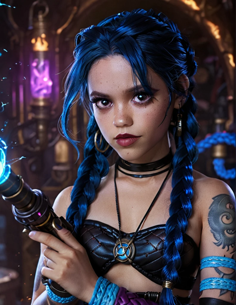 Jenna Ortega as Jinx, cinematic photo Professional of a beautiful ((ohwx woman)), blue braided black hair, colorful makeup,  inspired by the character jinx from Arcane, imposing position, he would be, holding a stylized Arcane bazooka. Jinx, masterpiece, high resolution, anatomically correct, Awarded several times, best quality, Textured skin, Super Detail, high quality, Alone, 