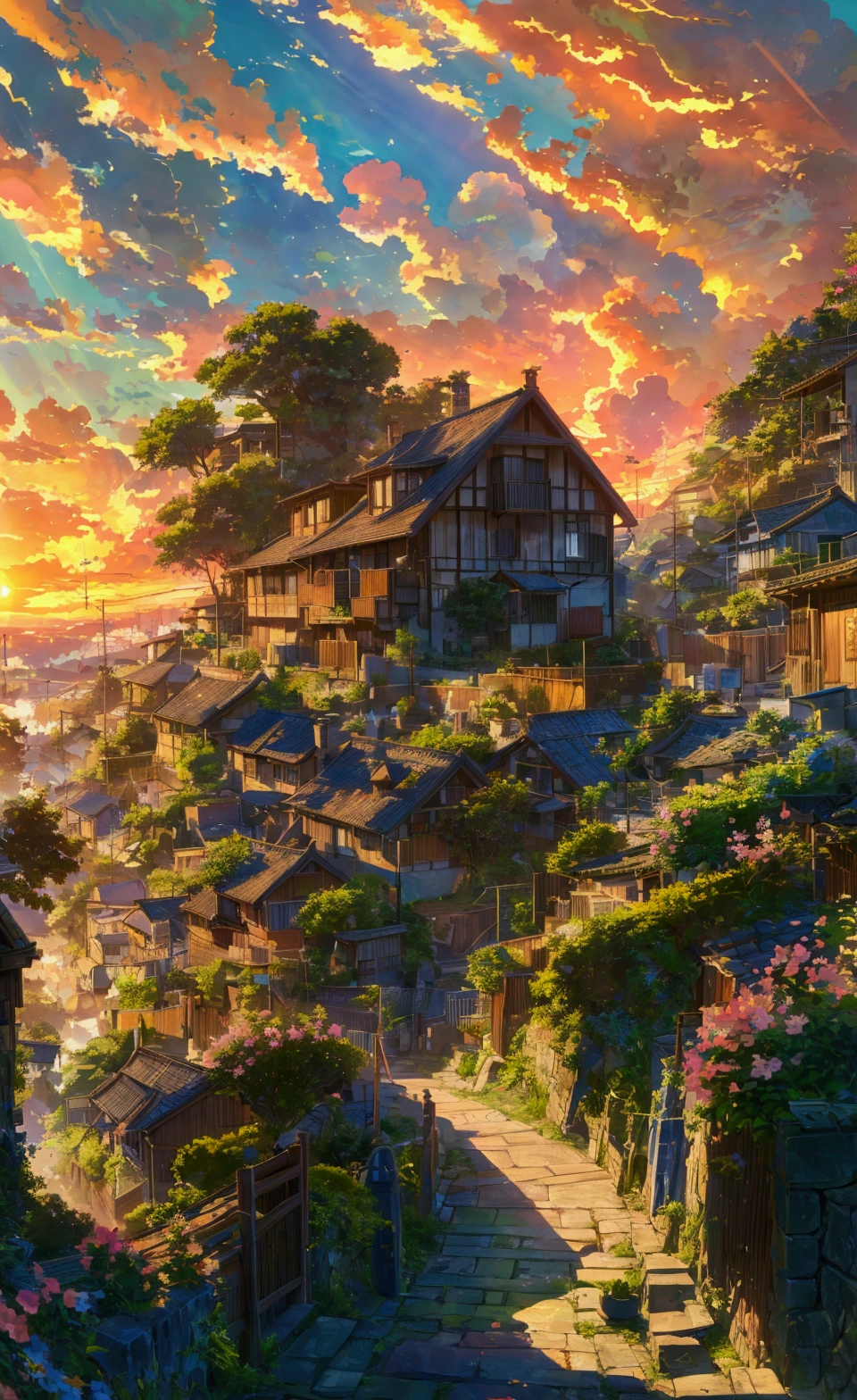 Sunset, summer, flowers, afternoon, cloud, painting of a house on a hill with a pathway leading to it, anime countryside landscape, anime background art, anime scenery concept art, beautiful anime scenery, anime scenery, anime landscape wallpaper, silvain sarrailh, ross tran. scenic background, tavern background, anime landscape, beautiful anime scene, scenery artwork, 8k