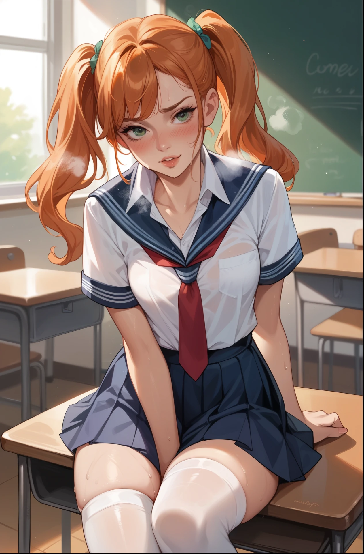 score_9, score_8_up, score_7_up, 1girl, twin tails ginger hair, in a classroom, sexy pose, blushing, heavy breathing, sweating, school uniform, afternoon, hot weather, small breasts, white thigh highs