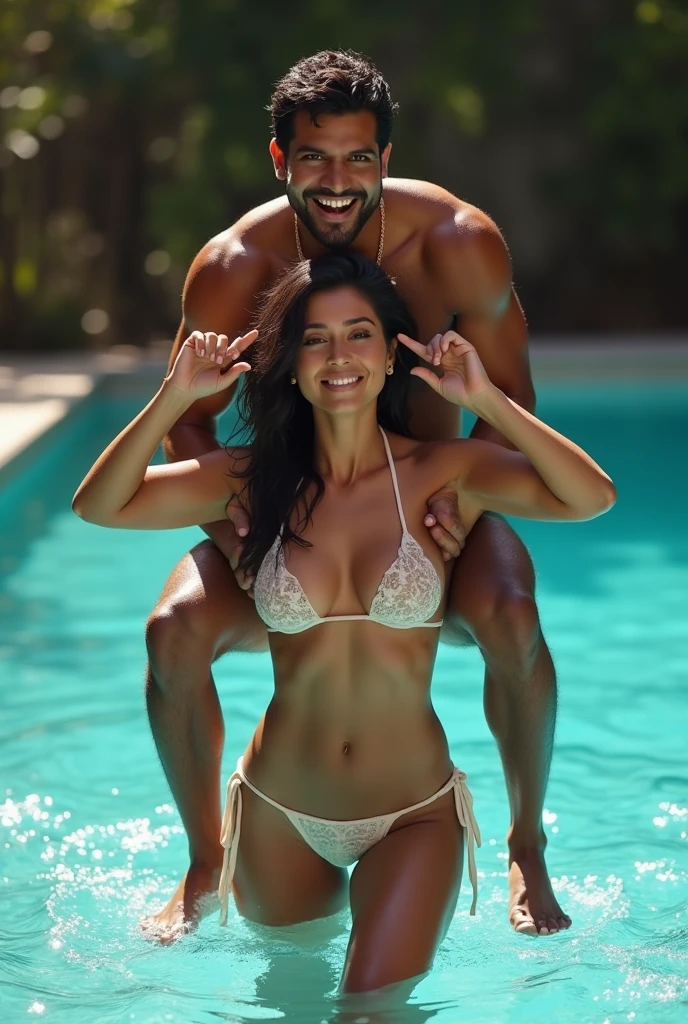 Beautiful and Slim Indian woman Aishwarya Rai in red leather bikini lifting a large chubby fat man above her shoulders, man is sitting on woman's shoulder, in a swimming pool, natural smile, woman is looking into the camera , her hands are on her waist, full image