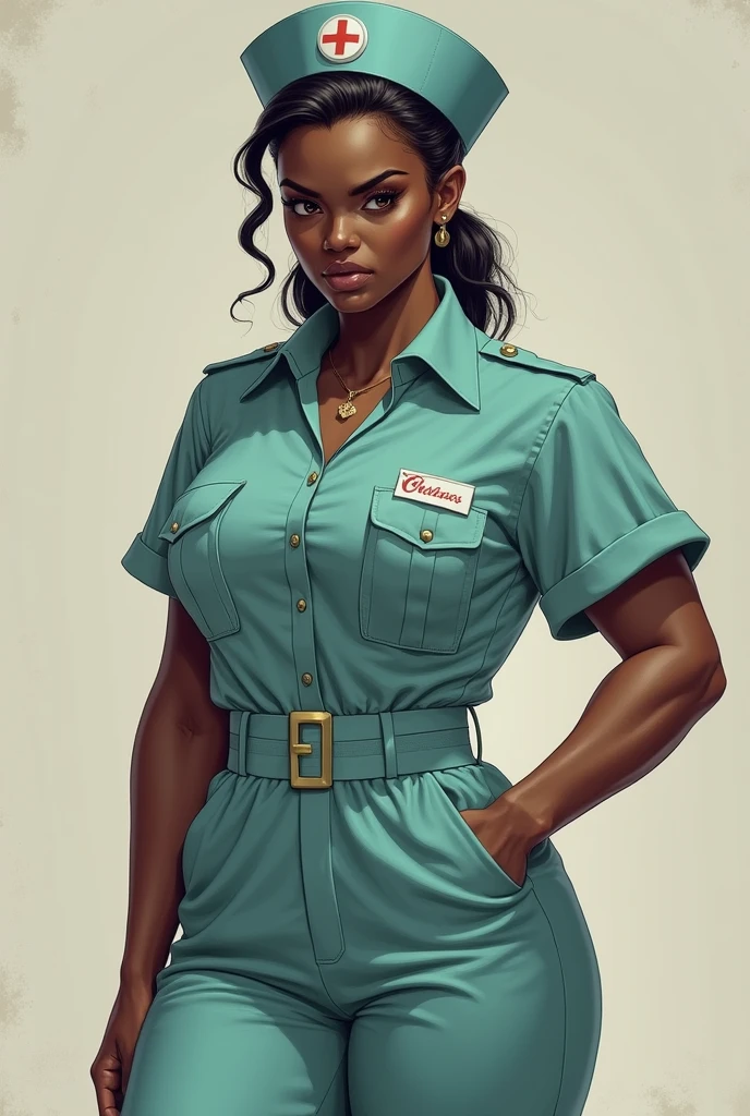 ((work of art)),(((best qualityer))),((character design sheet)),((Approximate sketch)),((Vulgar)),thick-thighs,african girl,hair blonde,big fit ass ,((between the breasts)),pussy juice,wearing wet sex nurse uniforms and nurse cap,camisa letter holding her tittes