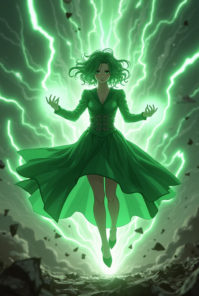 A girl that is Angry thats flying with a green only oufit  with green hair flowing in a acid wastland with a green aura of magic around her