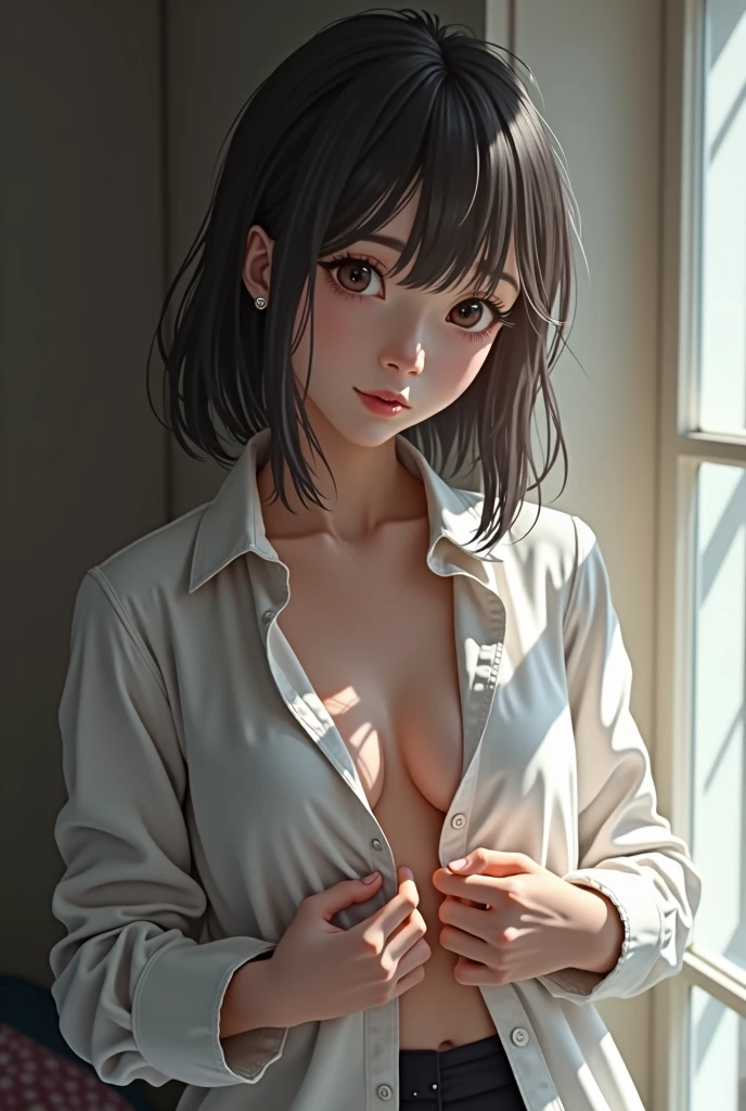 (masterpiece:1.2, highest quality), (Realistic, photoRealistic:1.4), Beautiful illustrations, (Natural Side Lighting, Cinema Lighting), Written boundary depth, Beautiful thighs staring at the viewer, (Face Focus, Upper Body), 1 female,20-year-old,alone,(With background:Hotel Rooms) , Long Hair, Straight Hair, Forehead, Small naked , Bare nipples, Cleavage, Collared shirt, skirt, Earrings, Are standing
